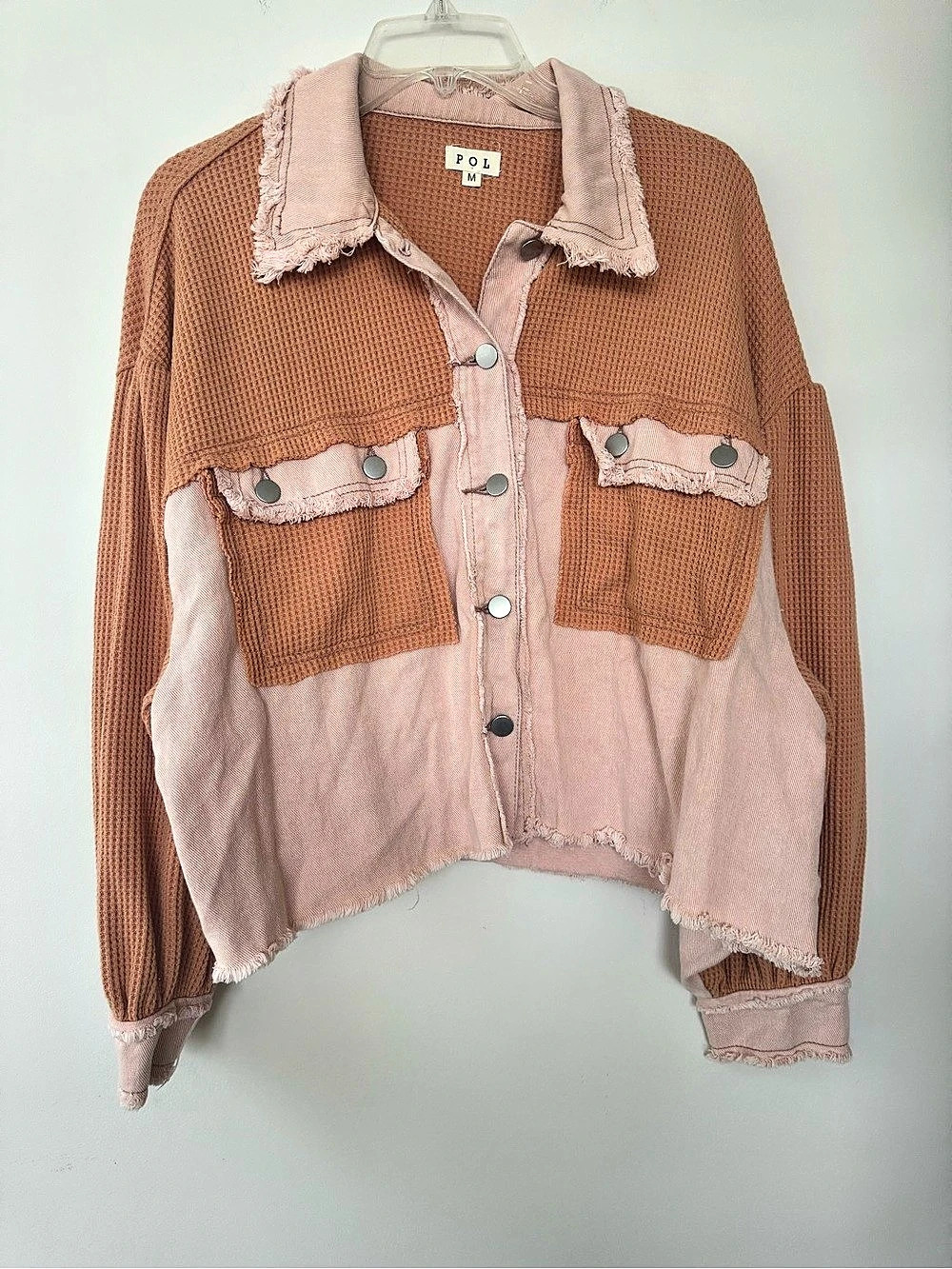 POL Boho Cotton Utility Jacket in Pink & Brown Size Medium